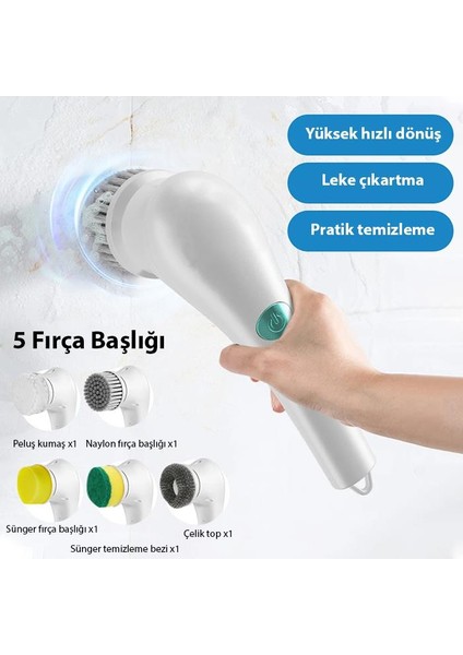 5 Başlıklı Şarjlı Su Geçirmez Temizlik Fırça Seti, Bulaşık, Küvet, Lavabo Ve Banyo Temizleme Fırçası