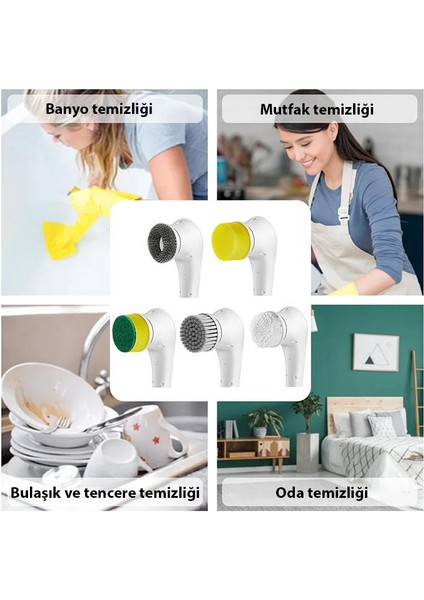 5 Başlıklı Şarjlı Su Geçirmez Temizlik Fırça Seti, Bulaşık, Küvet, Lavabo Ve Banyo Temizleme Fırçası