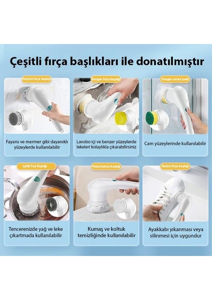 5 Başlıklı Şarjlı Su Geçirmez Temizlik Fırça Seti, Bulaşık, Küvet, Lavabo Ve Banyo Temizleme Fırçası