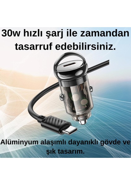 Hc 30W 1xtype-C Girişli ve 1mt Type-C Totype C Kablolu Araç Çakmaklık Hızlı Şarj Aleti