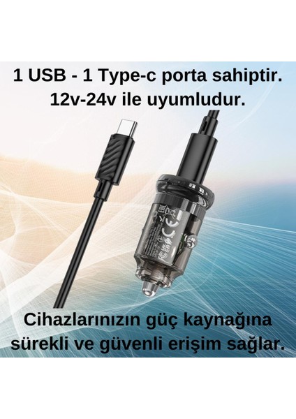 Hc 30W 1xtype-C Girişli ve 1mt Type-C Totype C Kablolu Araç Çakmaklık Hızlı Şarj Aleti