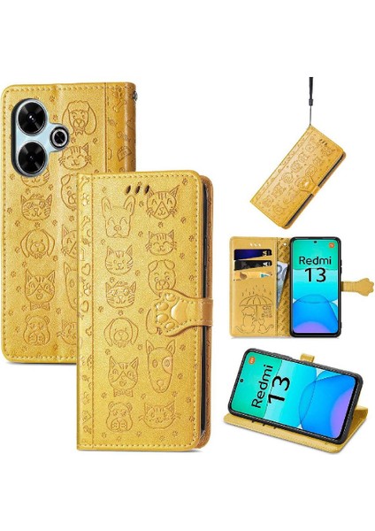 Xiaomi Redmi Için Flip Case 13 4g Deri Kılıf Kısa Kayış Karikatür Hayvanlar (Yurt Dışından)