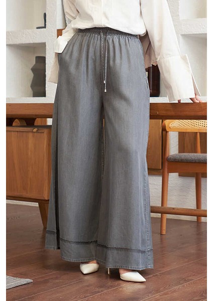 1138-TENSEL Lastikli Bol Paça Pantolon Gri