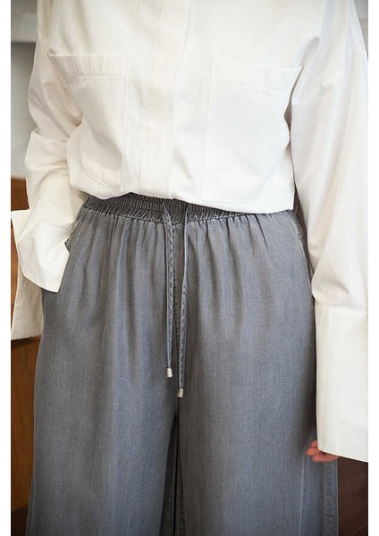 1138-TENSEL Lastikli Bol Paça Pantolon Gri fırsatları