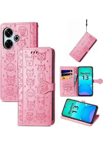 Xiaomi Redmi Için Flip Case 13 4g Deri Kılıf Kısa Kayış Karikatür Hayvanlar (Yurt Dışından)