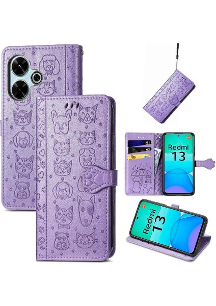 Xiaomi Redmi Için Flip Case 13 4g Deri Kılıf Kısa Kayış Karikatür Hayvanlar (Yurt Dışından)
