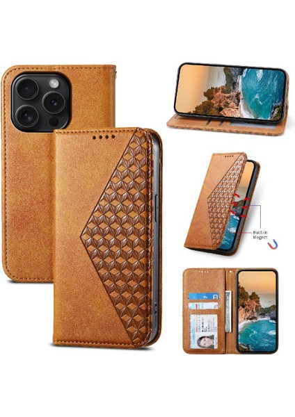 IPhone 15 Için Flip Case Pro El Kayışı Günlük Kullanım Eşkenar Dörtgen Şekli Standı Cüzdan (Yurt Dışından)