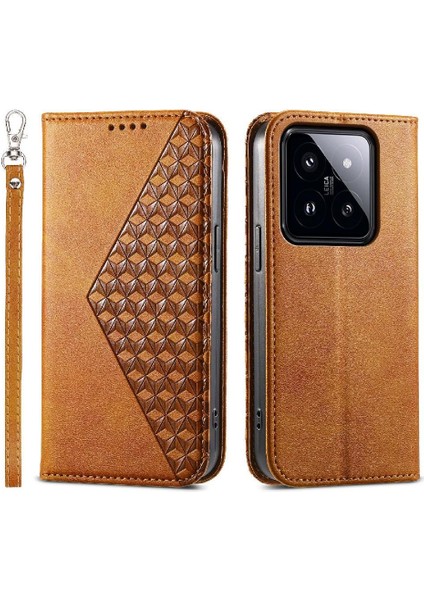 Xiaomi 14 Pro Için Flip Case El Kayışı Standı Eşkenar Dörtgen Şekli Günlük Kullanım Cüzdan (Yurt Dışından)