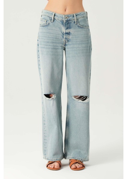 Açık Mavi Normal Bel Patı Düğmeli Dizi Kesikli Loose Fit Jean Pantolon C 4934-016 fiyatları