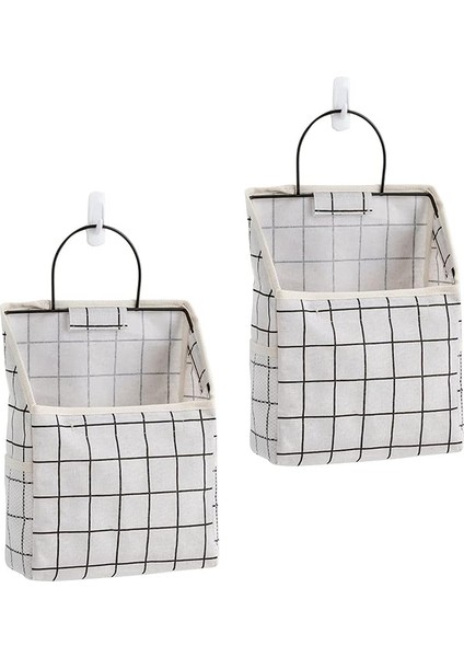 Meltset Duvara Asılan Saklama Torbaları 2 Adet Başucu Sepeti Organizatör Keten Pamuk Kapı Üstü Depolama Cep Kutusu Yatak Odası, Banyo, Mutfak, Oturma Odası (Beyaz Izgara) (Yurt Dışından)