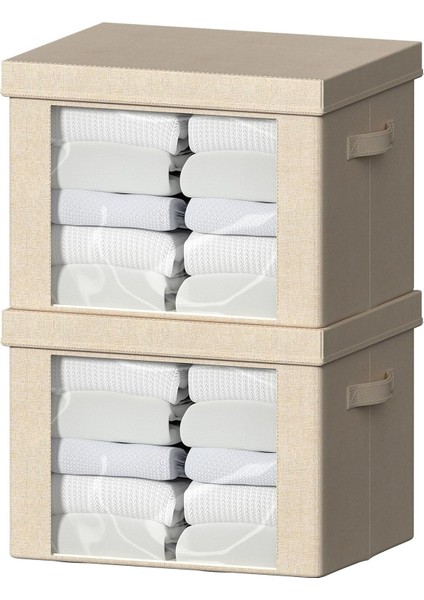 Katlanabilir Metal Çerçeveli Giysi Saklama Kutuları - 36L Büyük Kapasiteli Istiflenebilir Keten Kumaş Organizatör Seti, Taşıma Kolları, Şeffaf Pencere, Yatak Takımı, Battaniye, Kaz (Yurt Dışından)