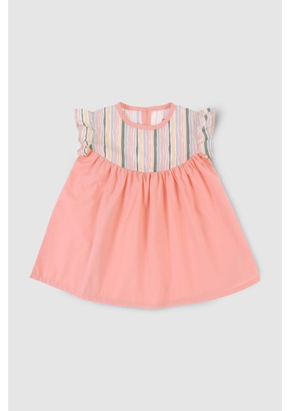 Organik Pamuk Fırfırlı Pembe Bebek Elbisesi Çizgili