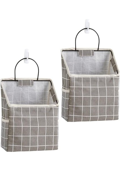 Meltset Duvara Asılan Saklama Torbaları 2 Adet Başucu Sepeti Organizatör Keten Pamuk Kapı Üstü Depolama Cep Kutusu Yatak Odası, Banyo, Mutfak, Oturma Odası (Gri Izgara) (Yurt Dışından)