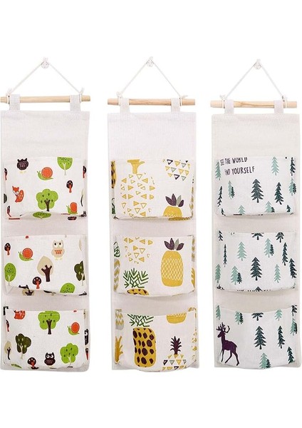 Kumaş Asma Raflar Asılı Pamuk Keten Saklama Çantası Kapı Üstü Depolama Organizatör Duvara Montaj Dolap Organizatör 3 Büyük Cepli 23.6 "× 7.9", Ananas + Ağaç + Baykuş (Yurt Dışından)