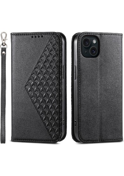 YH Mall IPhone 15 Için Flip Case Artı El Kayışı Eşkenar Dörtgen Şekli Standı Cüzdan Günlük (Yurt Dışından)