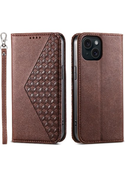 IPhone 15 Için Flip Case Standı Eşkenar Dörtgen Şekli Cüzdan El Kayışı Günlük Kullanım (Yurt Dışından)