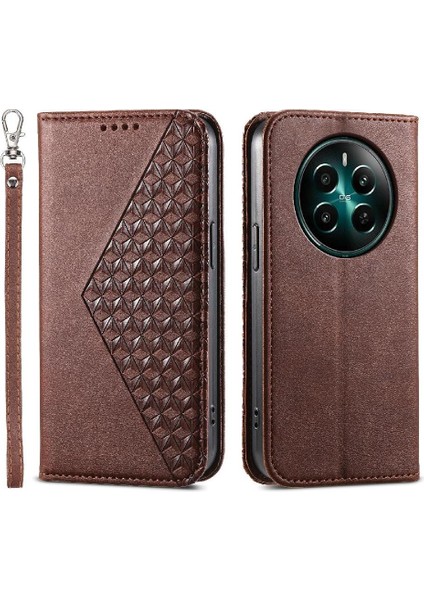 Realme 12 Artı 5g Günlük Kullanım Için Flip Case El Kayışı Cüzdan Eşkenar Dörtgen Şekli (Yurt Dışından)