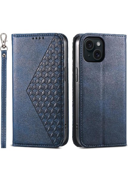 IPhone 15 Için Flip Case Standı Eşkenar Dörtgen Şekli Cüzdan El Kayışı Günlük Kullanım (Yurt Dışından)