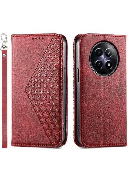 Realme 12 5g El Kayışı Standı Için Flip Case Günlük Kullanım Eşkenar Dörtgen Şekli Cüzdan (Yurt Dışından)