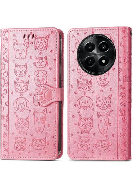 Realme 12 Için Flip Case Deri Kılıf Karikatür Hayvanlar Kısa Kayış Flip (Yurt Dışından)