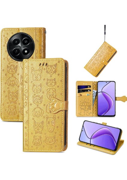 Realme 12 Için Flip Case Deri Kılıf Karikatür Hayvanlar Kısa Kayış Flip (Yurt Dışından) modelleri