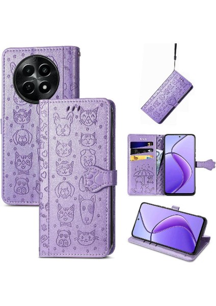 Realme 12 Için Flip Case Deri Kılıf Karikatür Hayvanlar Kısa Kayış Flip (Yurt Dışından)