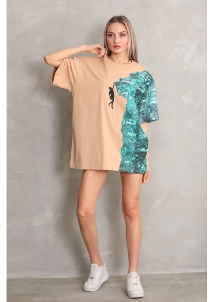 Roses Boutique Unisex Bisiklet Yaka Baskılı Oversize T-Shirt - Bej