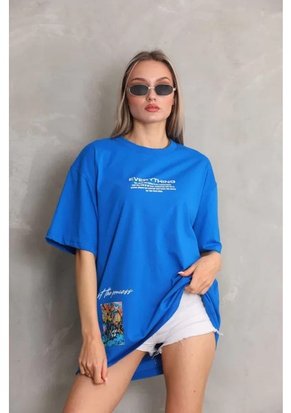 Roses Boutique Unisex Bisiklet Yaka Baskılı Oversize T-Shirt - Mavi