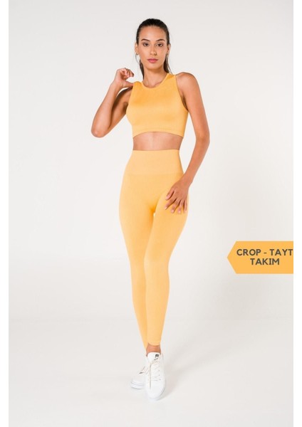 Toparlayıcı Dikişsiz Tayt-Crop Top Fitilli Büstiyer Tayt Crop Top Takım Sarı