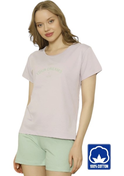 Kadın % 100 Pamuklu Kumaş Kısa Kollu Şortlu Pijama Takımı