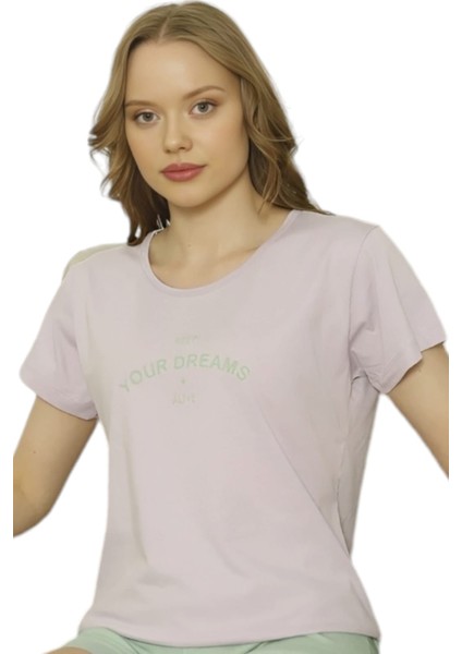 Kadın % 100 Pamuklu Kumaş Kısa Kollu Şortlu Pijama Takımı