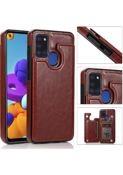 Cüzdan Kılıf Samsung Galaxy A21S Çift Manyetik Toka Kart Yuvaları Pu (Yurt Dışından)