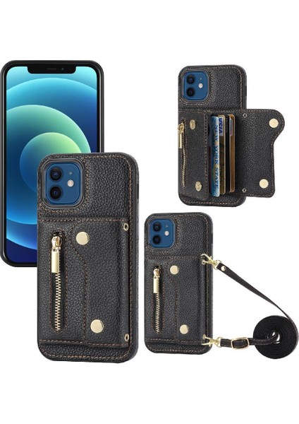 IPhone 12 Için Kılıf Pro Max Büyük Kapasiteli Uzun Kayış Kart Yuvaları Mini (Yurt Dışından)