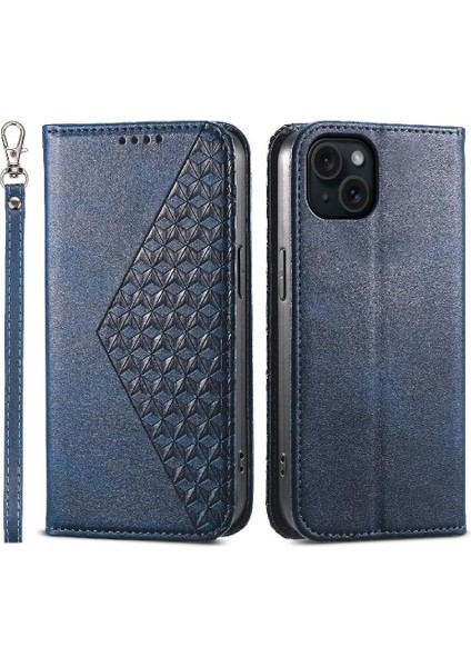 IPhone 15 Için Flip Case Artı El Kayışı Eşkenar Dörtgen Şekli Standı Cüzdan Günlük (Yurt Dışından)