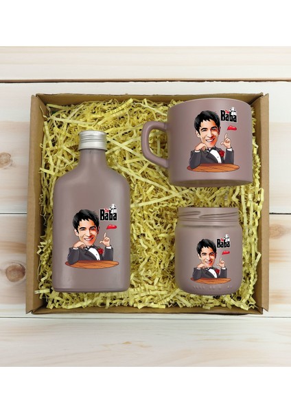 Kişiye Özel Dtf The Baba Karikatürlü Mat Gri Kahve Fincanı & Kolonya & Mum Hediye Seti-2, Babaya Hediye, Babalar Günü Hediyeleri