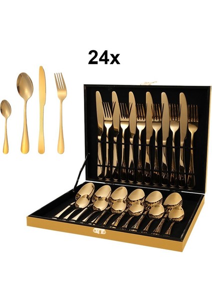 Çelik 24 Parça 6 Kişilik Gold Yemek Kaşık Çatal Bıçak Seti CIN736SR