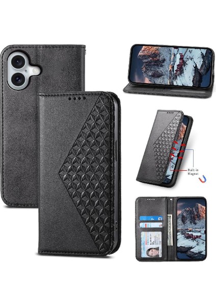 IPhone 16 Pro Cüzdan Günlük Kullanım Için Flip Case El Kayışı Eşkenar Dörtgen Şekli Standı (Yurt Dışından)