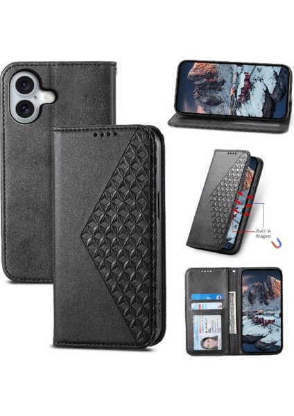 IPhone 16 Için Flip Case Günlük Kullanım Standı Cüzdan Eşkenar Dörtgen Şekli El Kayışı (Yurt Dışından)