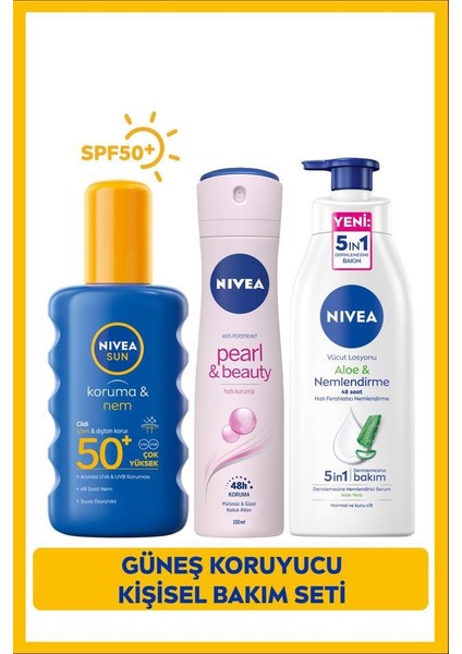 SUN Güneş Koruyucu Vücut Spreyi SPF50 200ml, Aloe Vera Vücut Losyonu 400ml, Sprey Deodorant 150ml