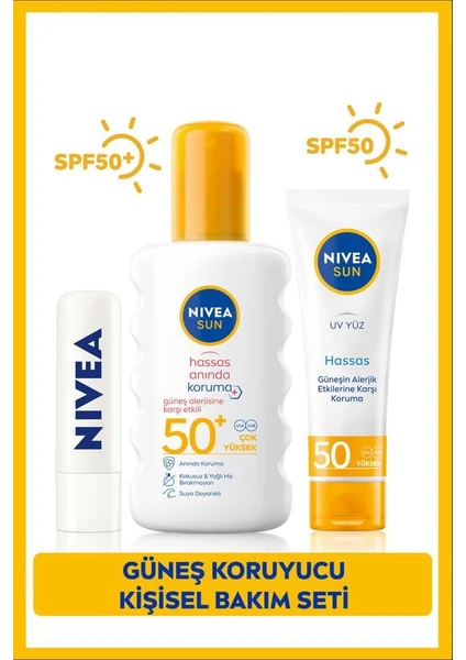 NIVEA SUN Hassas Güneş Koruyucu Sprey SPF50 200ml, Yüz Güneş Koruyucu 50ml, Renksiz Dudak Bakım Kremi