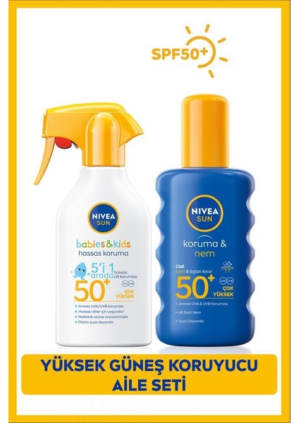 NIVEA SUN Çocuklar için Hassas Güneş Sprey SPF50 270ml ve Yüksek Güneş Koruyucu Vücut Spreyi SPF50 200ml