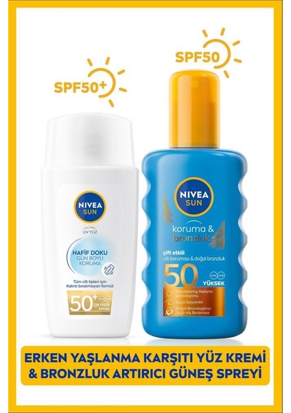 NIVEA SUN Hafif Dokulu Güneş Yüz Kremi SPF50 40ml ve Koruyucu Bronzlaştırıcı Güneş Spreyi SPF50 200ml