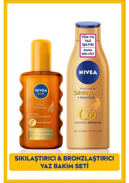 NIVEA SUN Karoten Bronzlaştırıcı Güneş Spreyi 200ml ve Q10 Sıkılaştırıcı Bronzluk Vücut Losyonu 200ml