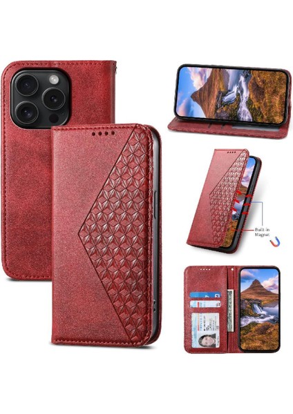 IPhone 15 Için Flip Case Pro El Kayışı Günlük Kullanım Eşkenar Dörtgen Şekli Standı Cüzdan (Yurt Dışından) indirimleri