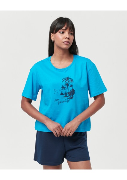Penyepamuklu Kısa Kollu Baskılı Kadın Şortlu Yazlık Pijama Takımı