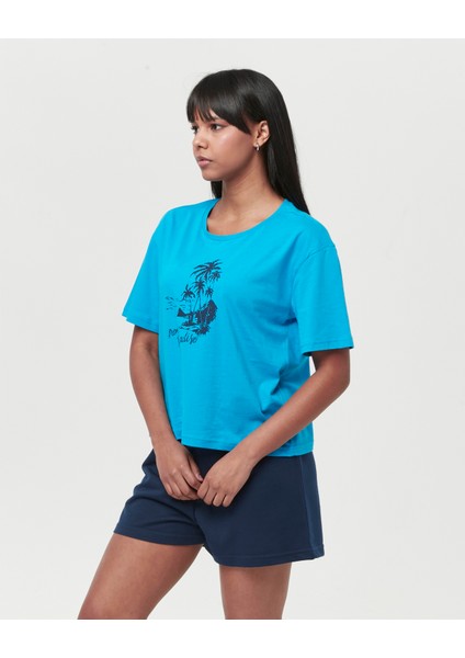 Penyepamuklu Kısa Kollu Baskılı Kadın Şortlu Yazlık Pijama Takımı