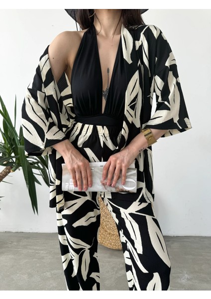 Desenli Kimono ve Pantolon İkili Takım DFL4019 Siyah Krem