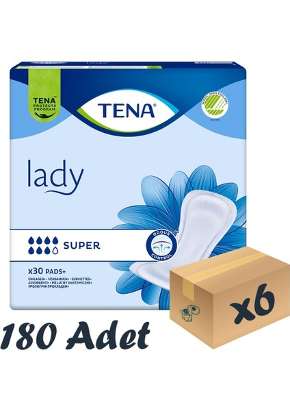 TENA Lady Super, Kadın Mesane Pedi, 7 Damla, 30'lu 6 Paket 180 Adet