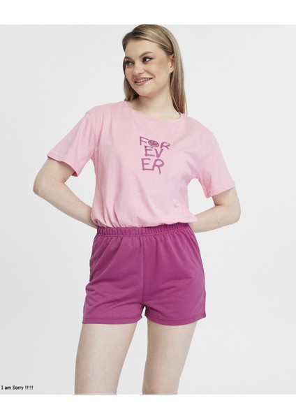 Penye Pamuklu Kısa Kollu Baskılı Kadın Şortlu Yazlık Pijama Takımı