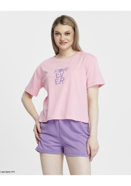 Penye Pamuklu Kısa Kollu Baskılı Kadın Şortlu Yazlık Pijama Takımı